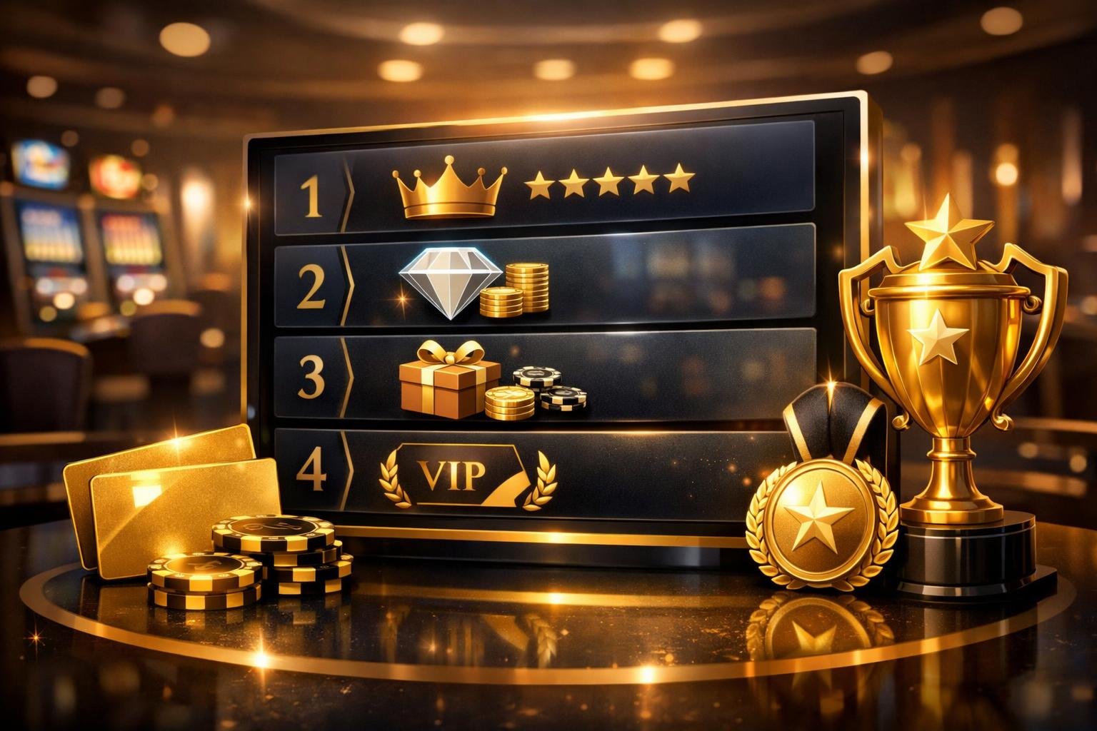 A Luxurious Casino Scene Showing A Digital Leaderboard With Icons Of Vip Cards, Rewards, And Trophies Representing Exclusive Casino Benefits.