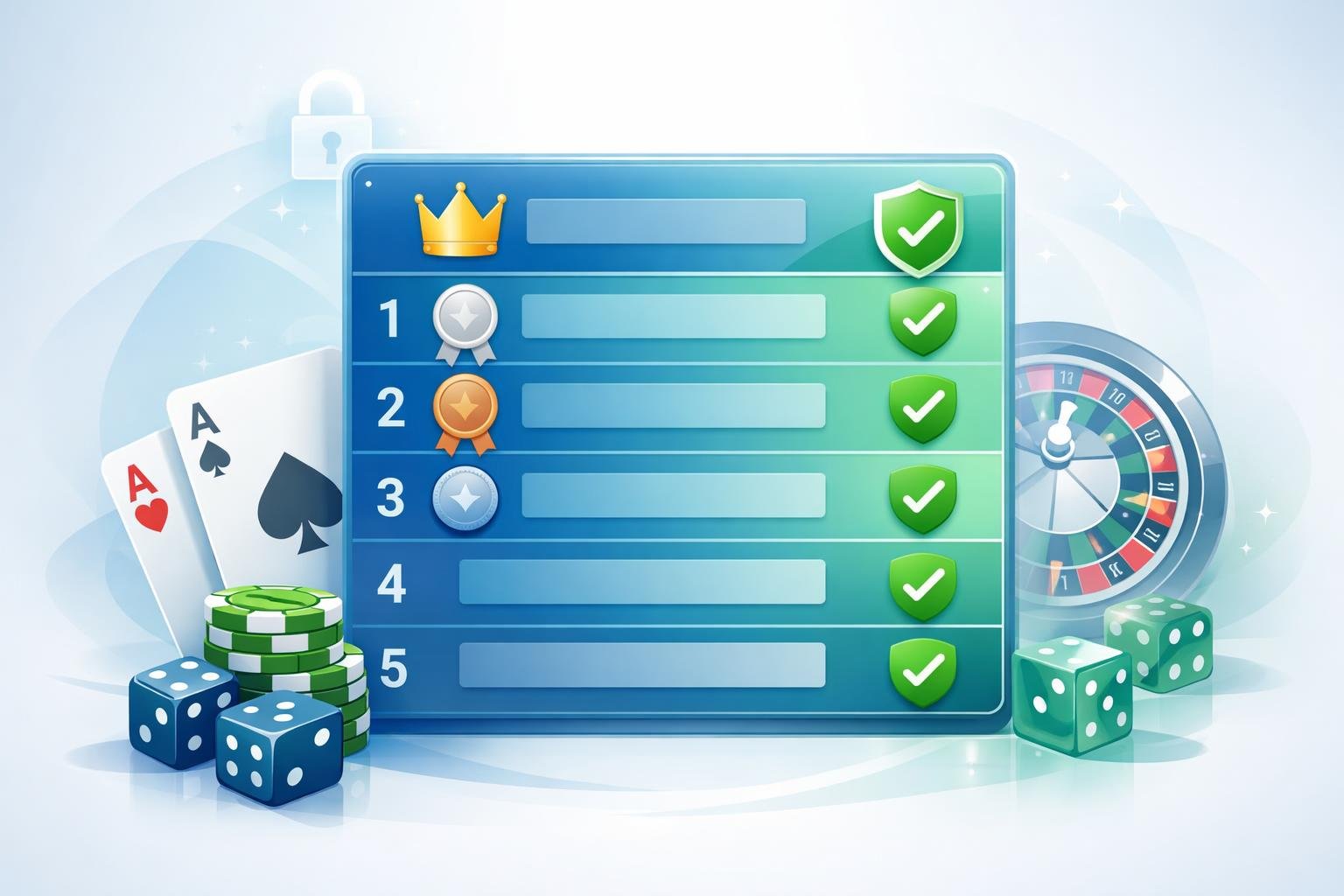 A Digital Leaderboard Displaying Verified Top Casinos With Icons Of Playing Cards, Poker Chips, Dice, And A Roulette Wheel Around It, Symbolizing Trusted And Licensed Casino Rankings.