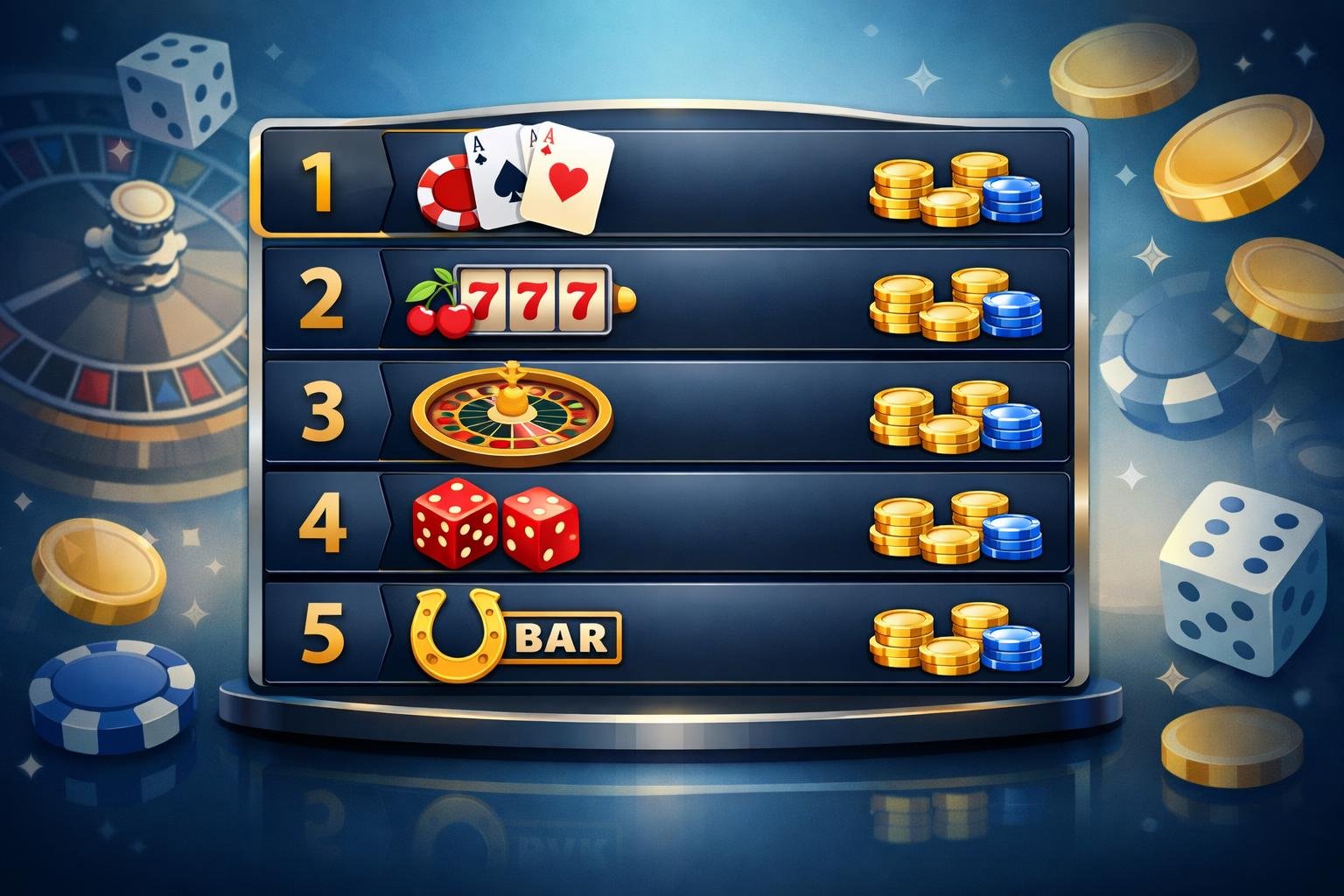 A Clean Illustration Of A Leaderboard Showing Ranked Casinos With Icons Of Playing Cards, Chips, And Coins, Highlighting Low Wagering Casino Options.