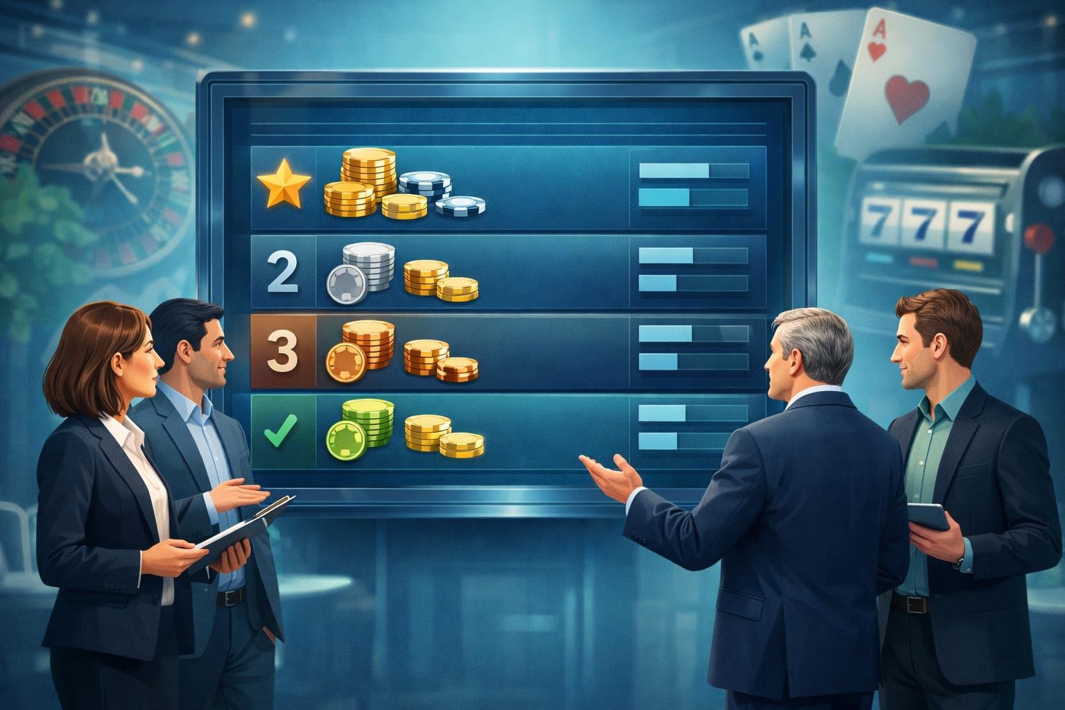 A Group Of Professionals Reviewing A Digital Leaderboard Of Top Low Wagering Casinos In A Modern Casino Setting.