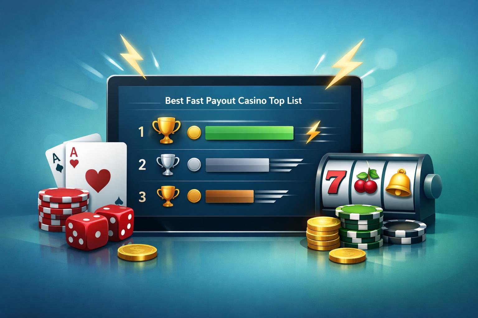 A Digital Illustration Showing A Computer Screen With A Casino Leaderboard Surrounded By Playing Cards, Poker Chips, Dice, And Slot Machine Symbols.