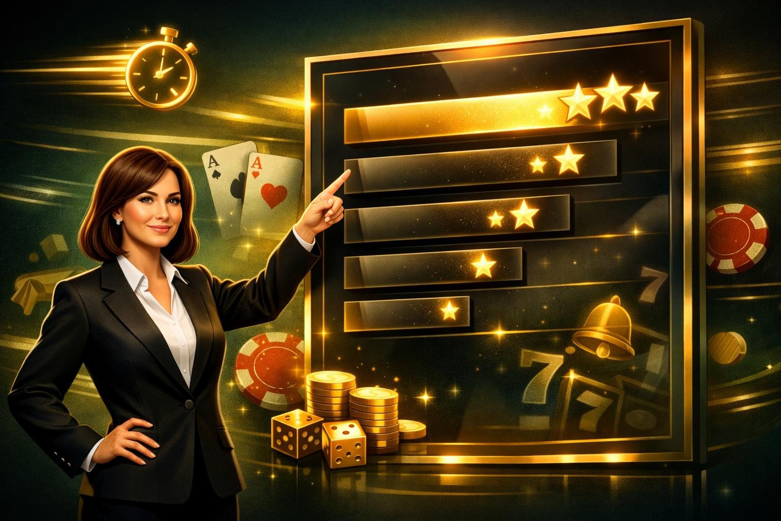 A Person In Business Attire Pointing At A Digital Leaderboard With Casino Symbols And Glowing Ranking Indicators, Representing A Fast Payout Casino Top List.