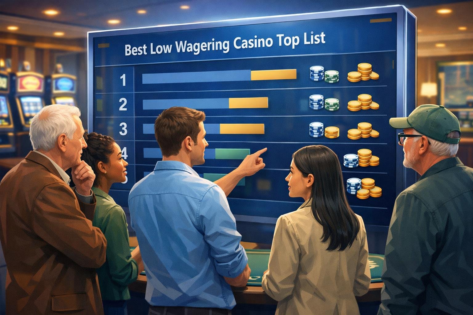 A Diverse Group Of People Gathered Around A Digital Leaderboard In A Casino, Looking At Rankings With Small Chip Icons, Surrounded By Slot Machines And Card Tables.