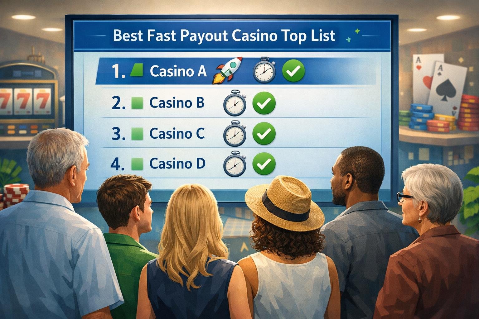 A Group Of Diverse People Looking At A Large Screen Showing A Ranked List Of Casinos In A Modern Setting With Casino Elements In The Background.