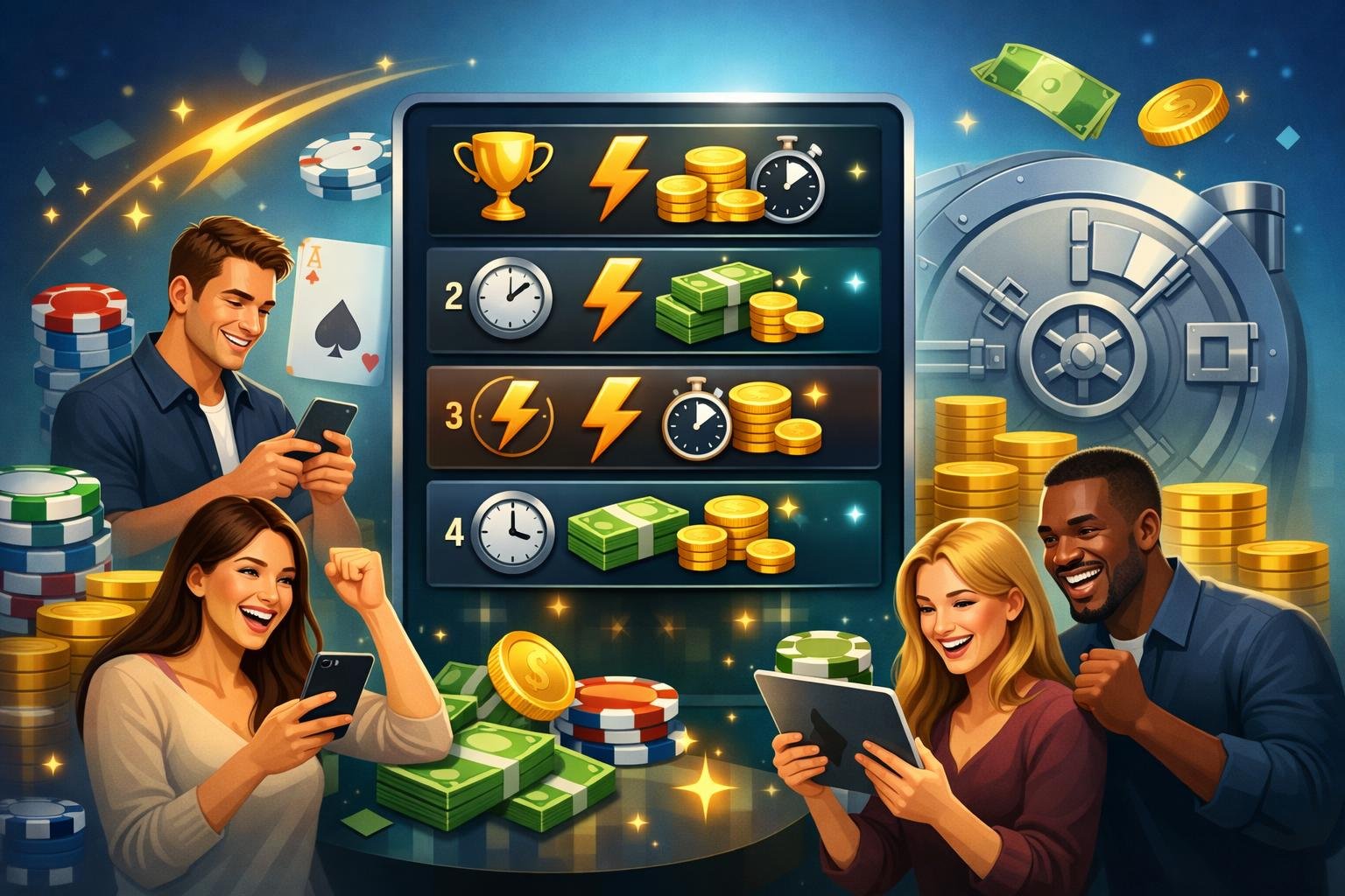 Illustration Of A Digital Leaderboard Showing Top Fast Payout Casinos With Happy Players Using Devices And Symbols Representing Speed, Money, And Security.