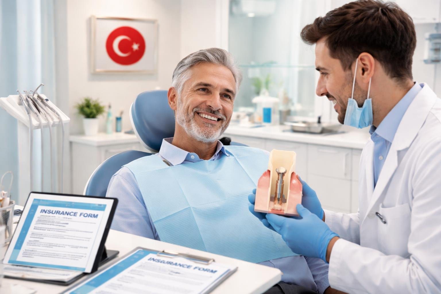 A dentist explains dental implant details to a patient in a modern clinic with dental equipment and a Turkish flag emblem in the background.
