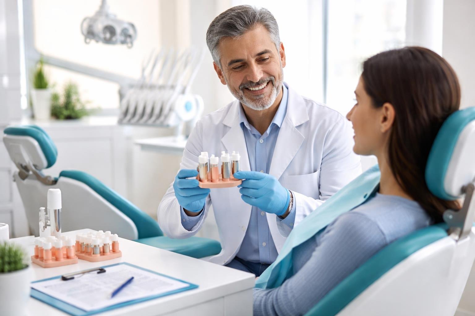 A dentist explaining dental implant options to a patient in a modern dental clinic.