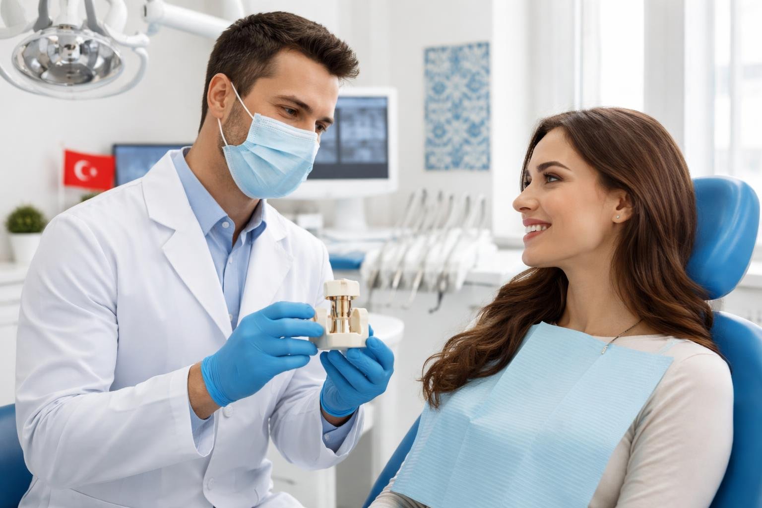A dentist showing a dental implant model to a patient in a modern dental clinic.