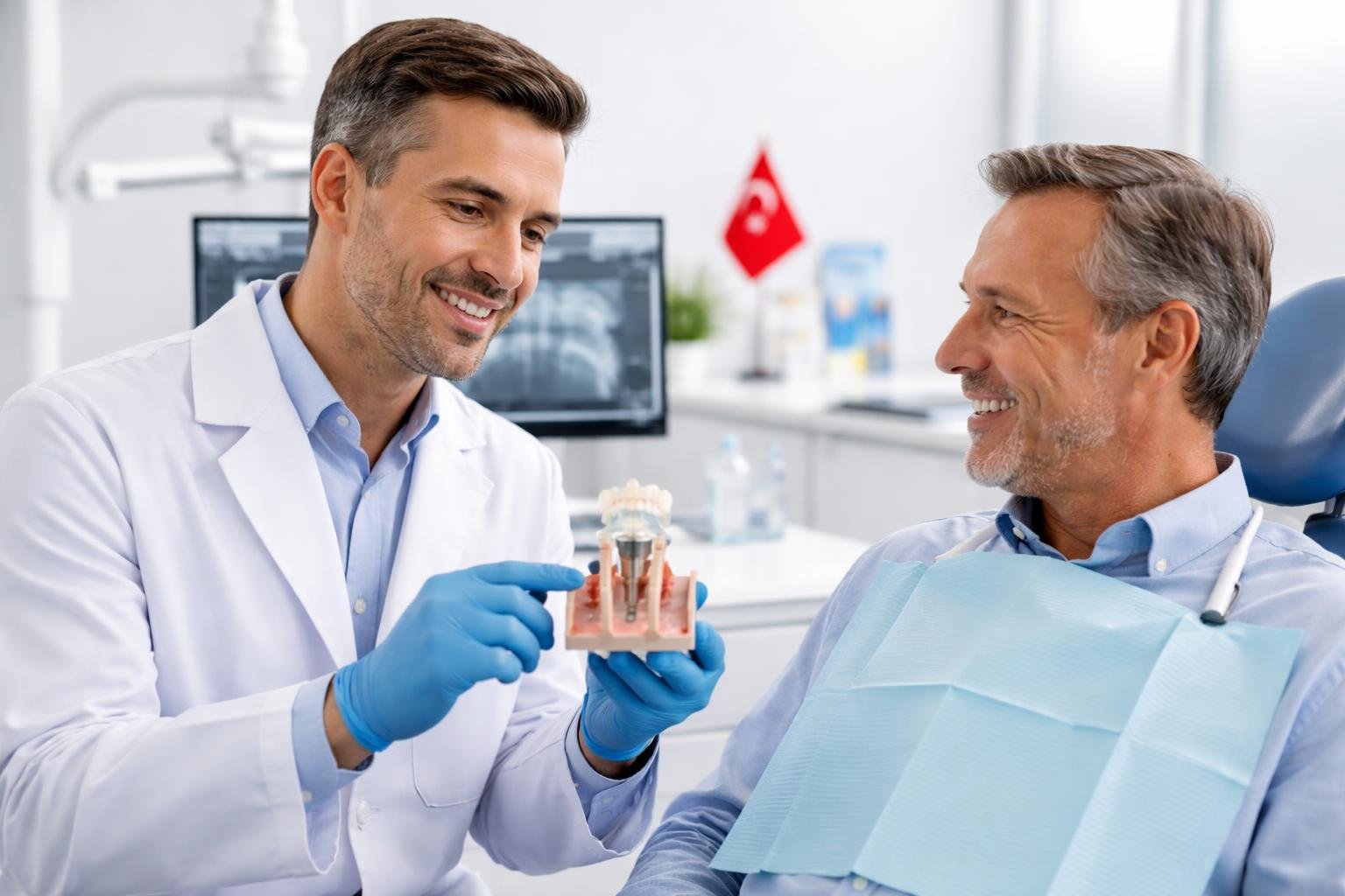 Dentist explaining dental implants to a patient in a modern dental clinic with dental equipment and a small Turkish flag in the background.