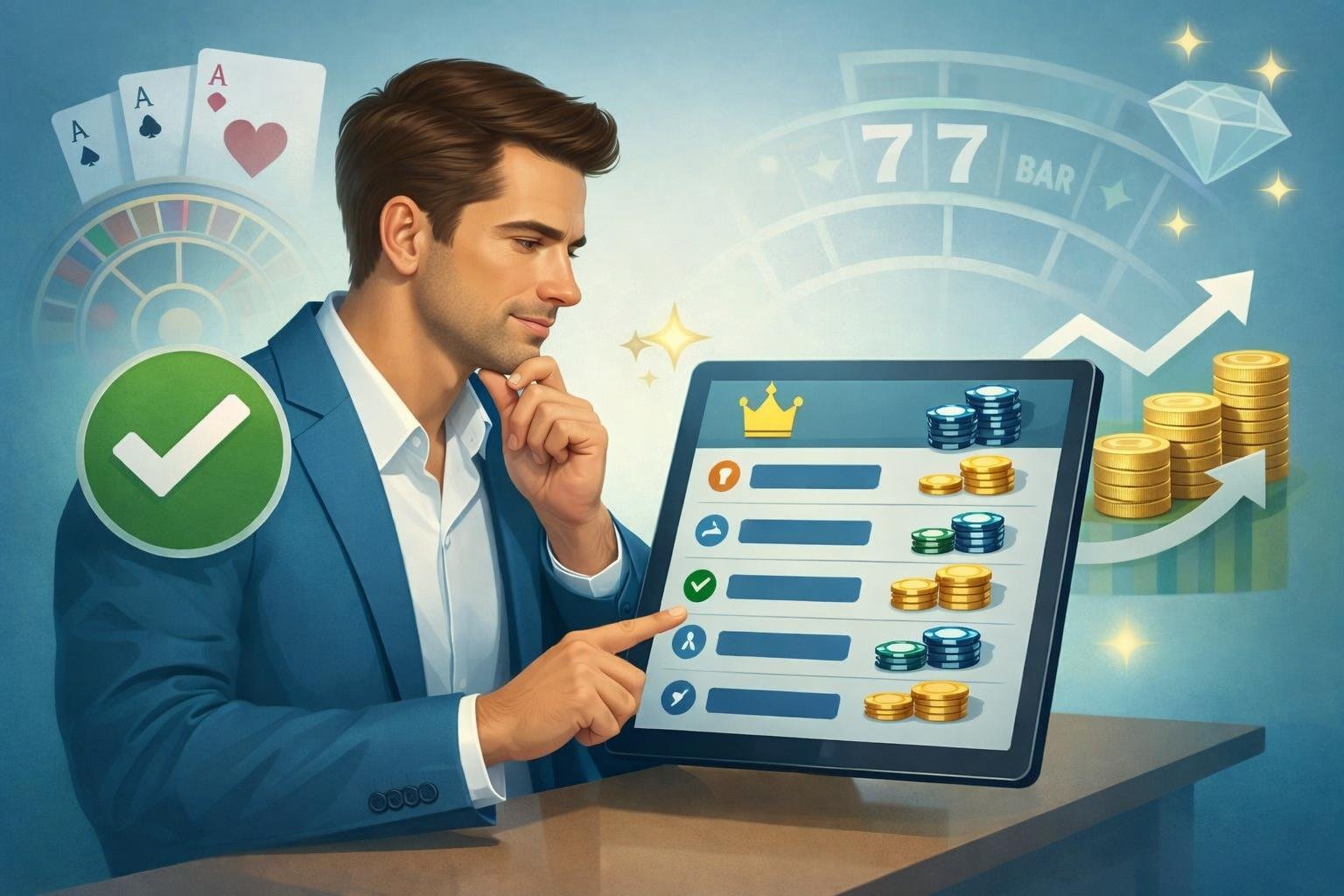 A Person Reviewing A Ranked List Of Casinos On A Digital Device Surrounded By Icons Representing Low Wagering Benefits And Casino Elements.