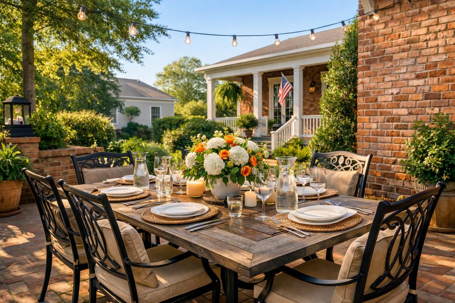 An outdoor patio with a dining table set for a meal surrounded by greenery and classic Southern-style architecture.