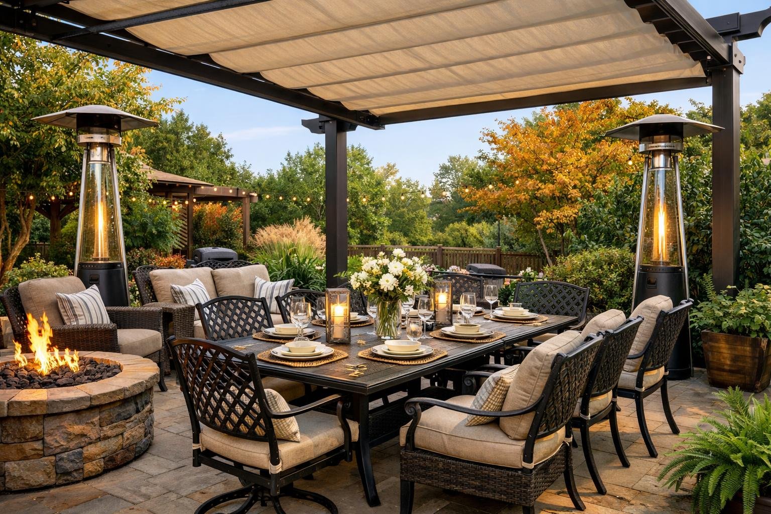Outdoor patio in Oxford, Mississippi with dining table and chairs surrounded by greenery and seasonal plants under clear sky.