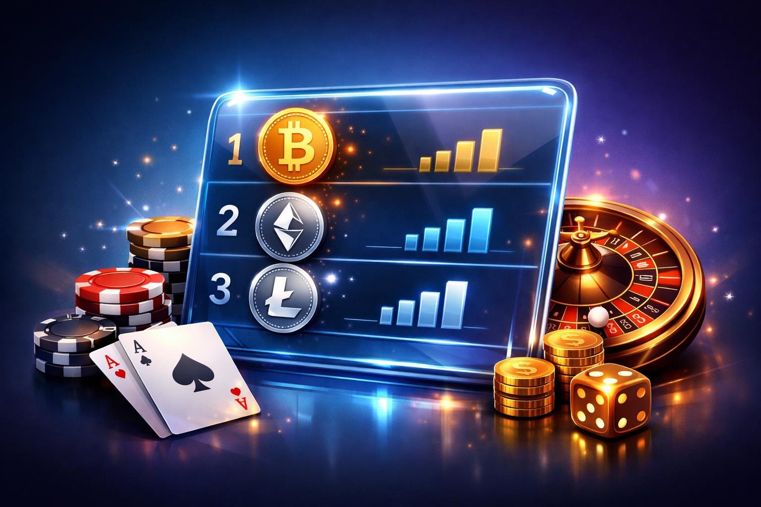 A Digital Leaderboard Showing Cryptocurrency Icons With Casino Chips, Playing Cards, And A Roulette Wheel In The Background.