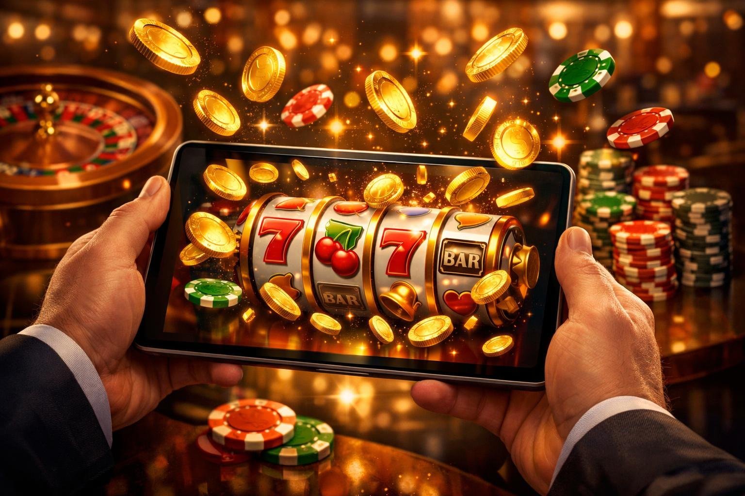 A Person Holding A Digital Device Showing Spinning Slot Machine Reels Surrounded By Floating Gold Coins And Poker Chips In A Casino Setting.
