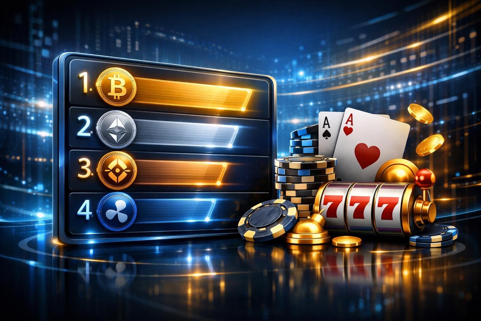 A Digital Leaderboard Displaying Cryptocurrency Icons Alongside Casino Elements Like Poker Chips And Playing Cards, Set Against A Futuristic Background With Abstract Data Streams.