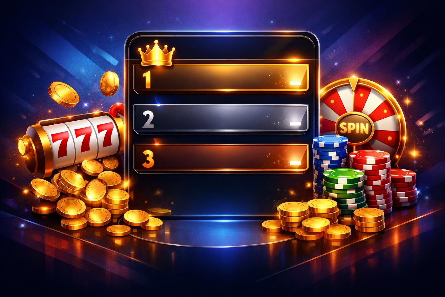 A Digital Leaderboard Displaying CasinoThemed Icons Like Spinning Slot Reels, Gold Coins, And Colorful Chips Against A Vibrant Blue And Purple Background.