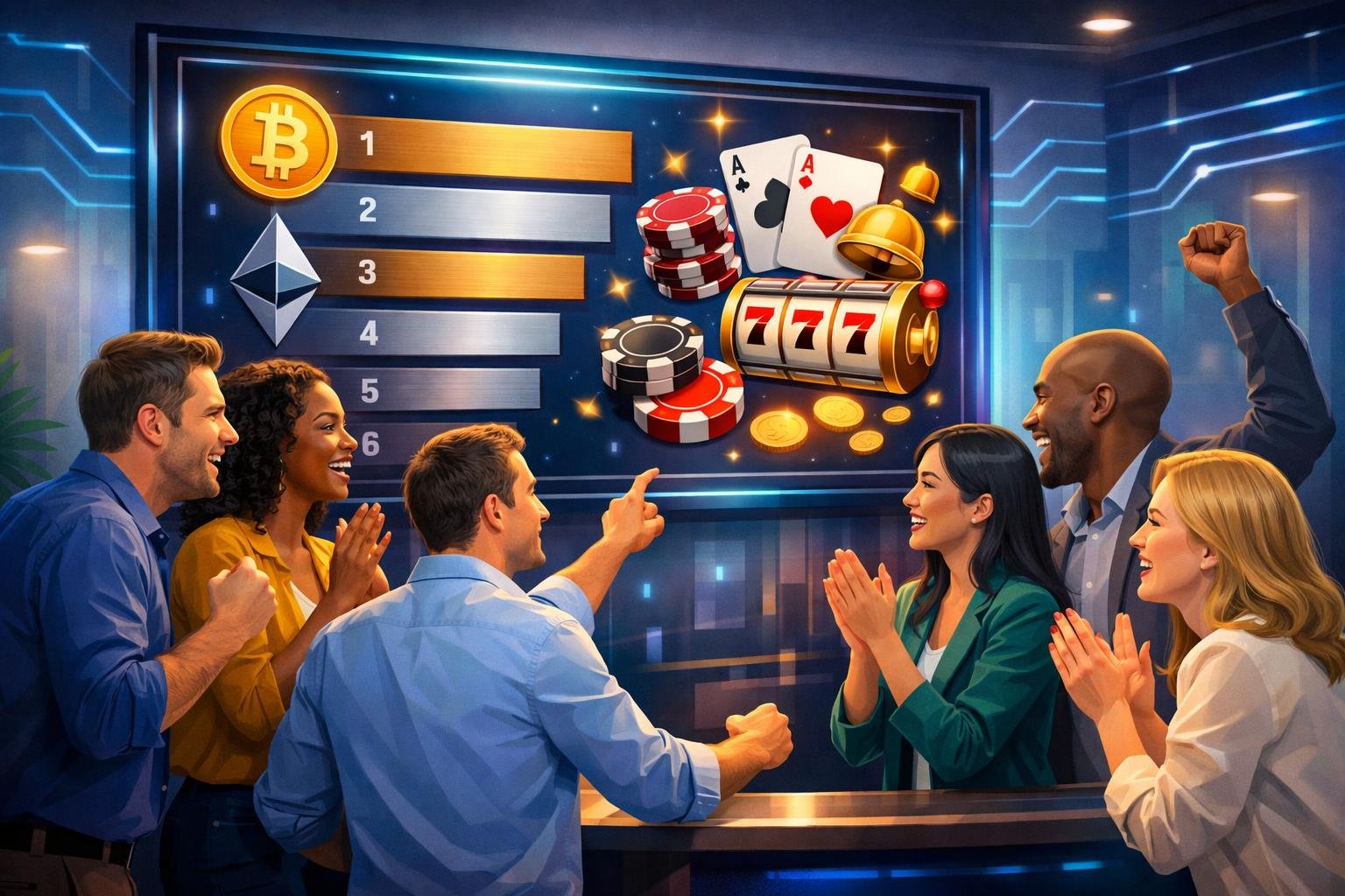 A Group Of Diverse Adults Looking At A Large Digital Screen Showing Cryptocurrency And Casino Symbols With A Top List In A Modern Setting.