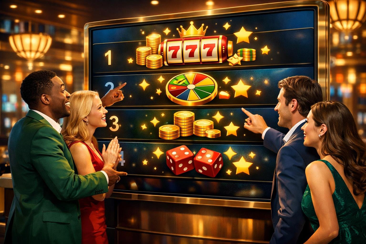 A Diverse Group Of People Gathered Around A Digital Leaderboard Showing CasinoRelated Icons, In An Upscale Casino Setting.