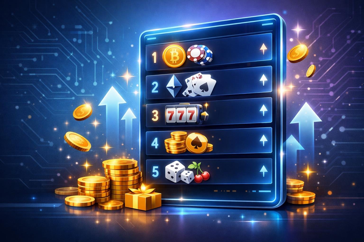A Digital Leaderboard Showing Top Ranked Casino Crypto Bonuses With Cryptocurrency Symbols, Poker Chips, Playing Cards, And Golden Coins Around It.