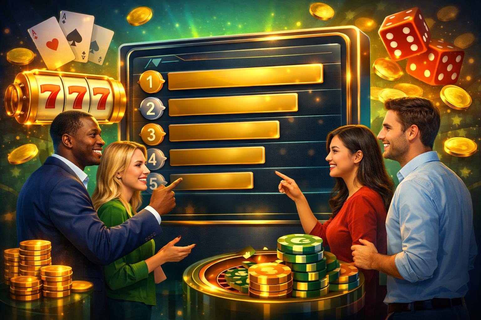 A Group Of Diverse People Gathered Around A Digital Leaderboard Showing Top Casino Bonuses, Surrounded By Slot Machine Reels, Casino Chips, Playing Cards, And Gold Coins.
