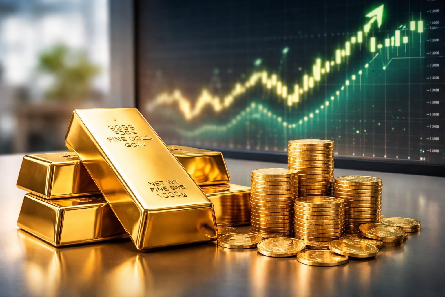 Close-up of gold bars and coins with a digital financial chart showing upward trends in the background.