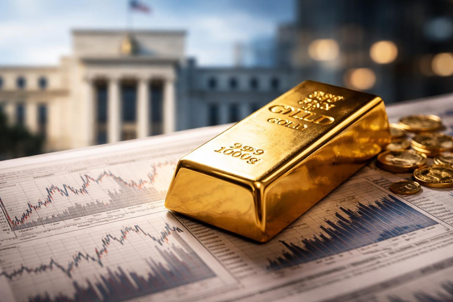 Close-up of a gold bar on financial charts with a blurred image of a central bank building in the background.