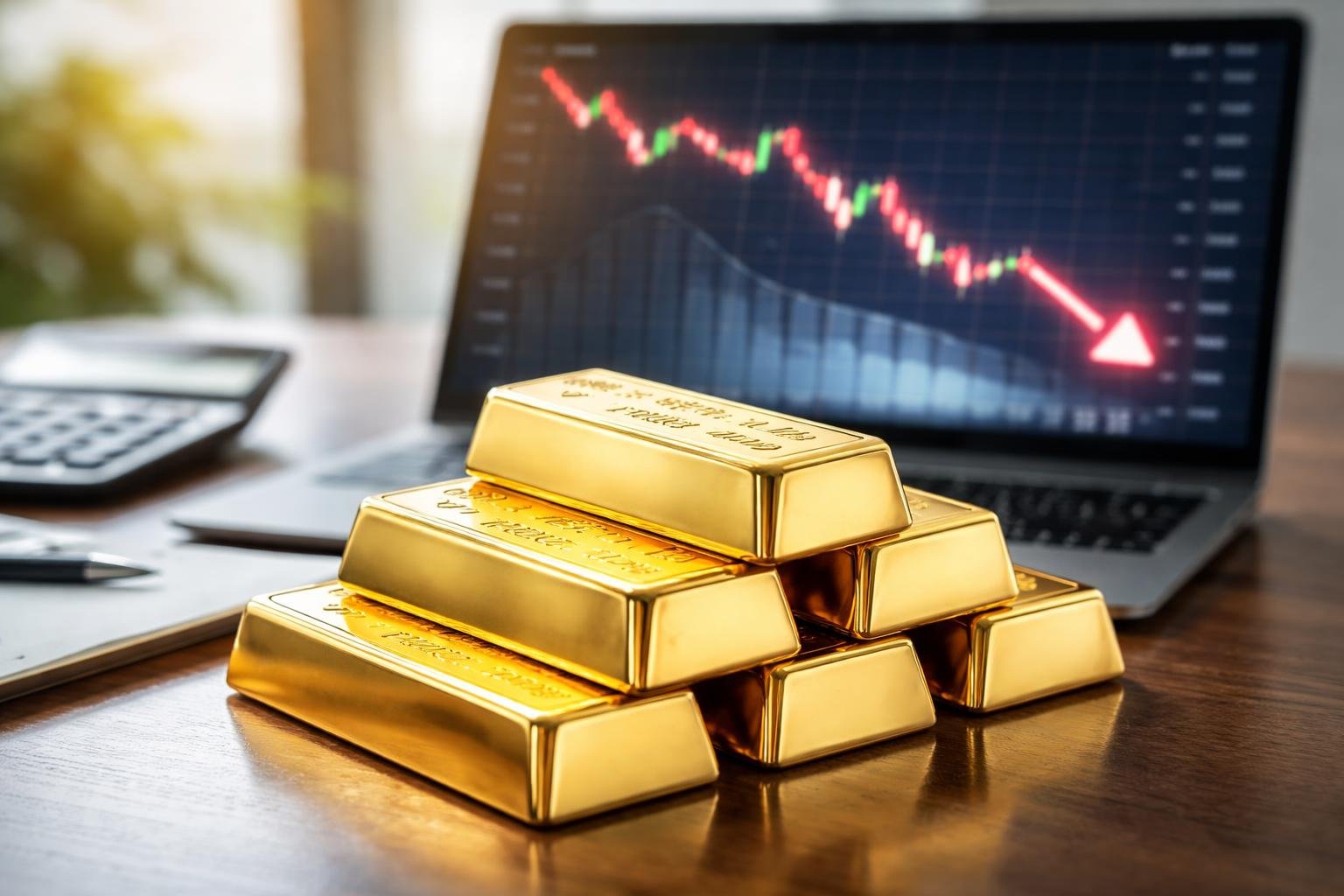 Close-up of stacked gold bars with a blurred financial chart showing falling interest rates in the background on a desk with a laptop and calculator.