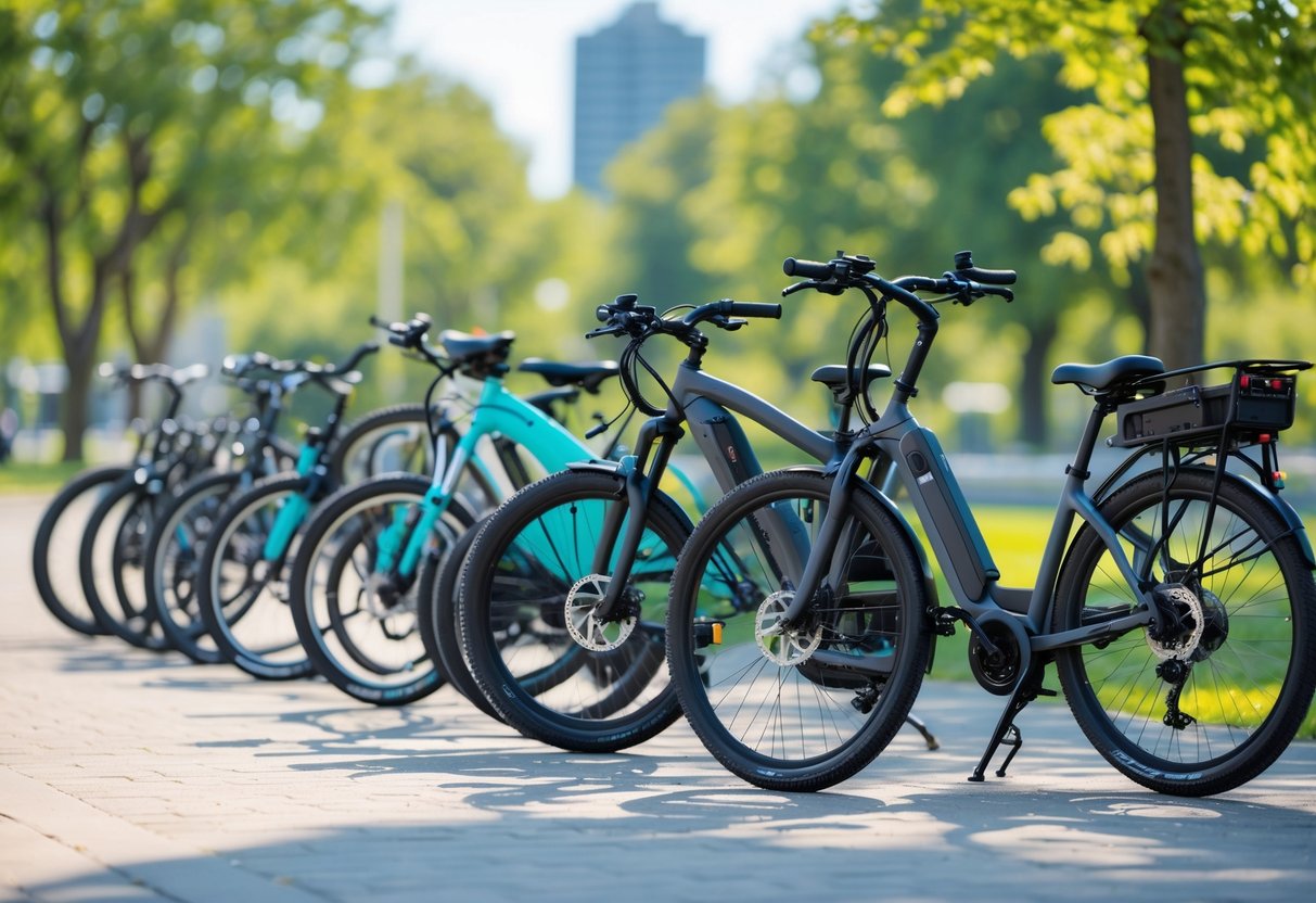 A variety of electric bikes displayed outdoors in a park setting with trees and clear skies.