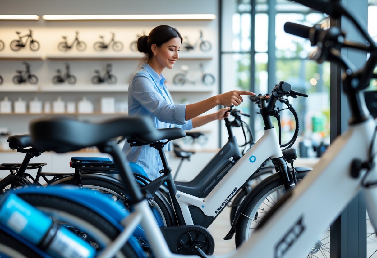 A person examining the motor and battery of an electric bike in a modern bike shop.