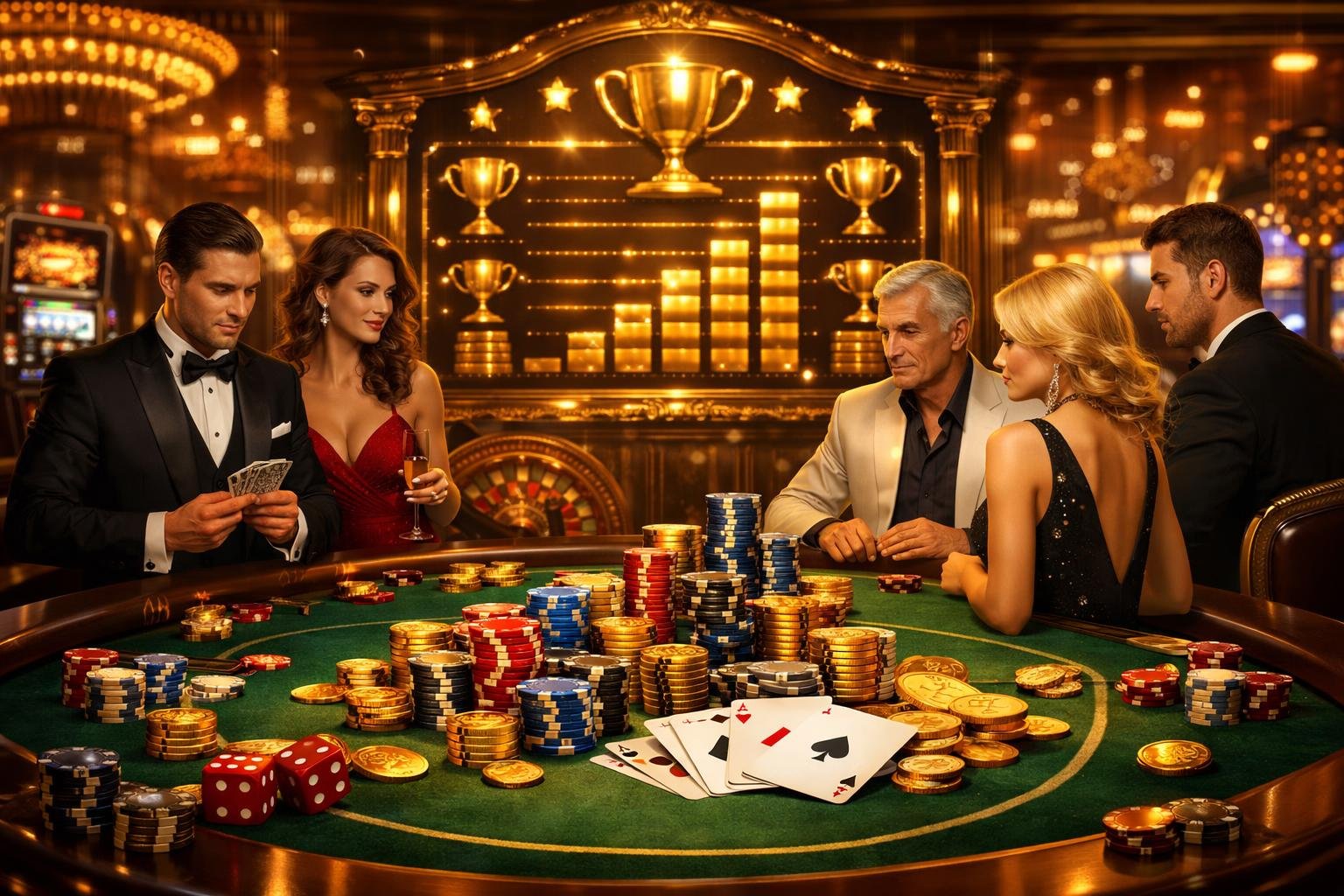 A Luxurious Casino Scene With High Rollers Playing Poker At A Green Felt Table Surrounded By Chips, Cards, And Casino Elements, With A Leaderboard Display In The Background.