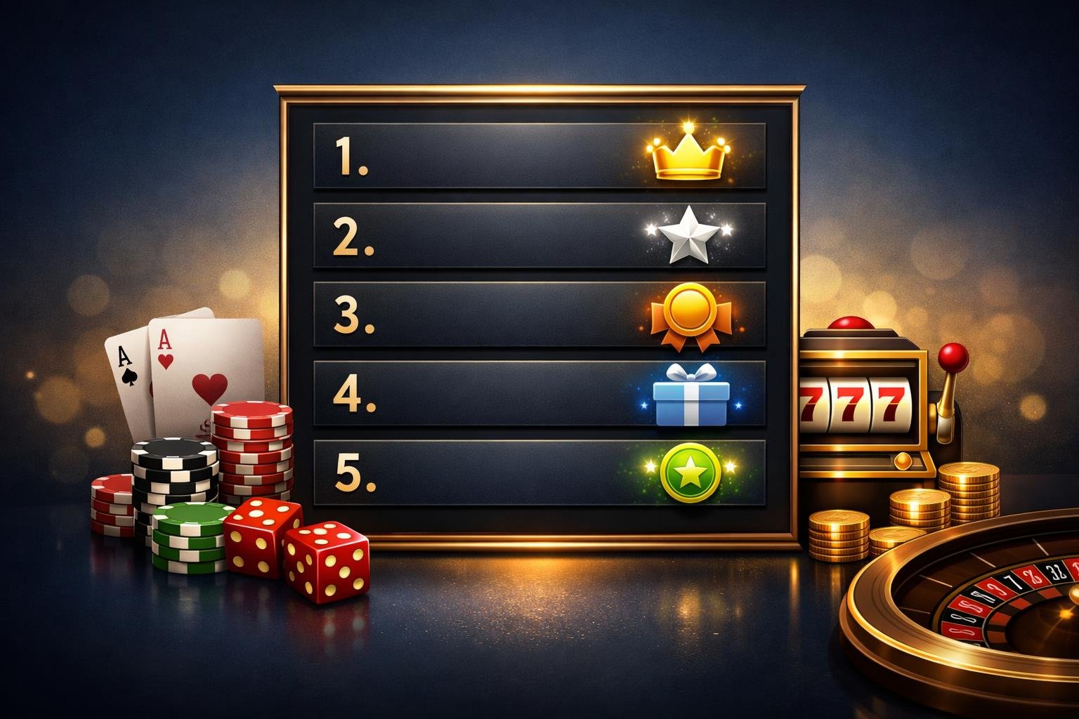 A Leaderboard Showing The Top Five Casino Bonuses With Icons Of Playing Cards, Poker Chips, Dice, And Slot Machines Around It.