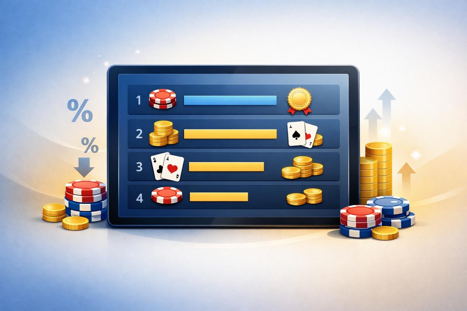A Digital Device Displaying A Ranked List Of Casino Bonuses With Icons Of Chips, Coins, And Cards, Surrounded By Symbols Representing Low Wagering Requirements.