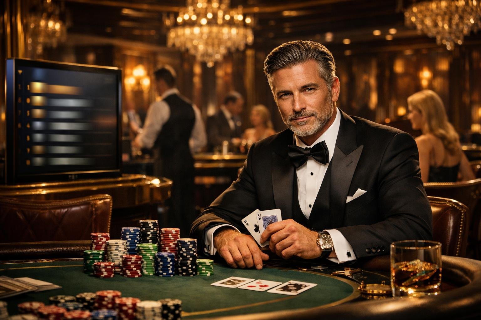 An Upscale Casino Scene Showing A WellDressed Player At A Poker Table With Chips And Cards, Surrounded By Other Players And Staff In A Luxurious Setting.
