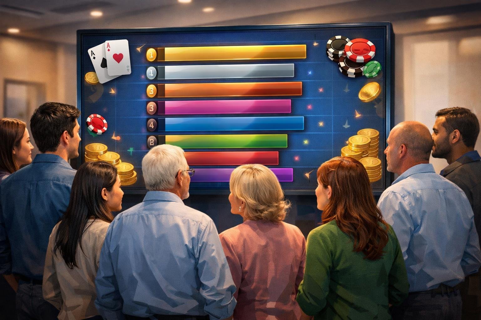 A Group Of Diverse People Attentively Looking At A Large Digital Screen Displaying A Colorful Leaderboard With CasinoThemed Icons.
