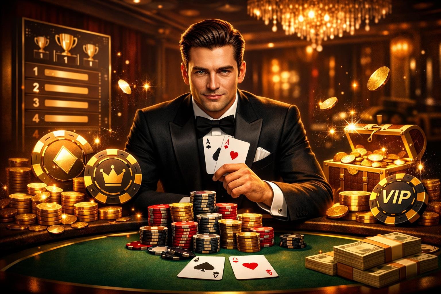 A Confident Casino Player At A Table With Chips And Cards, Surrounded By Golden Coins And A Leaderboard Showing Top Bonuses In An Elegant Casino Setting.