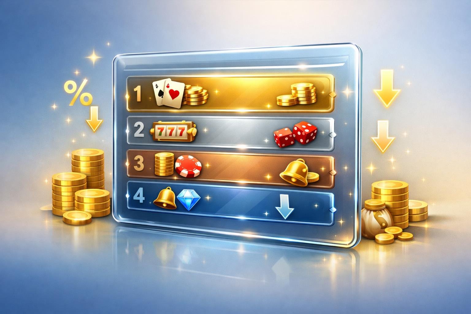 A Digital Leaderboard Showing CasinoRelated Icons Like Cards, Chips, And Dice, Highlighting A Curated List Of Bonuses With Symbols Representing Low Wagering Requirements.