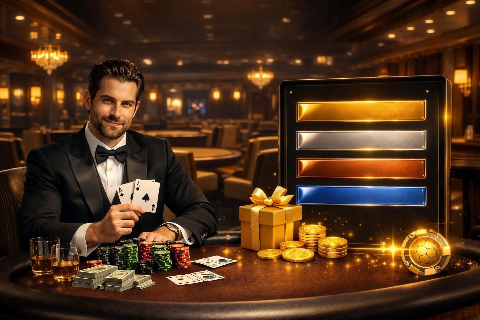 A High Roller Player At A Luxurious Poker Table With Stacks Of Chips And A Digital Leaderboard Showing Top Bonuses In An Elegant Casino Setting.