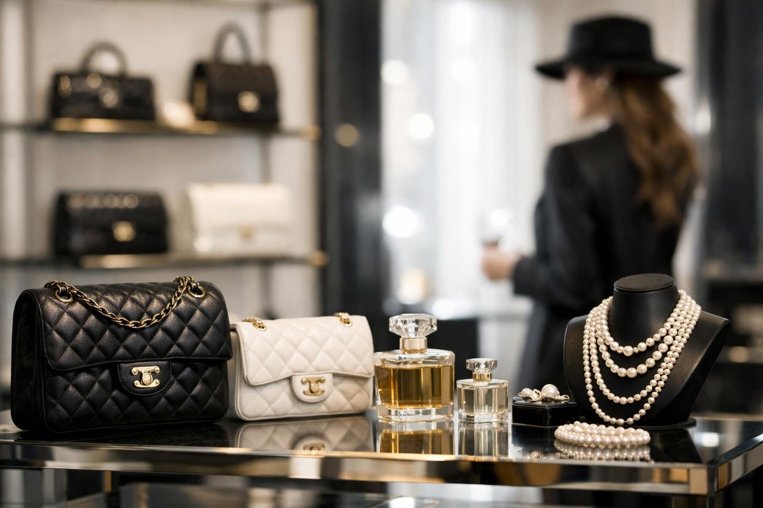 Interior butik mewah dengan tas kulit, kalung mutiara, dan botol parfum yang dipajang rapi, dengan seorang wanita berpakaian modis sedang melihat-lihat produk.