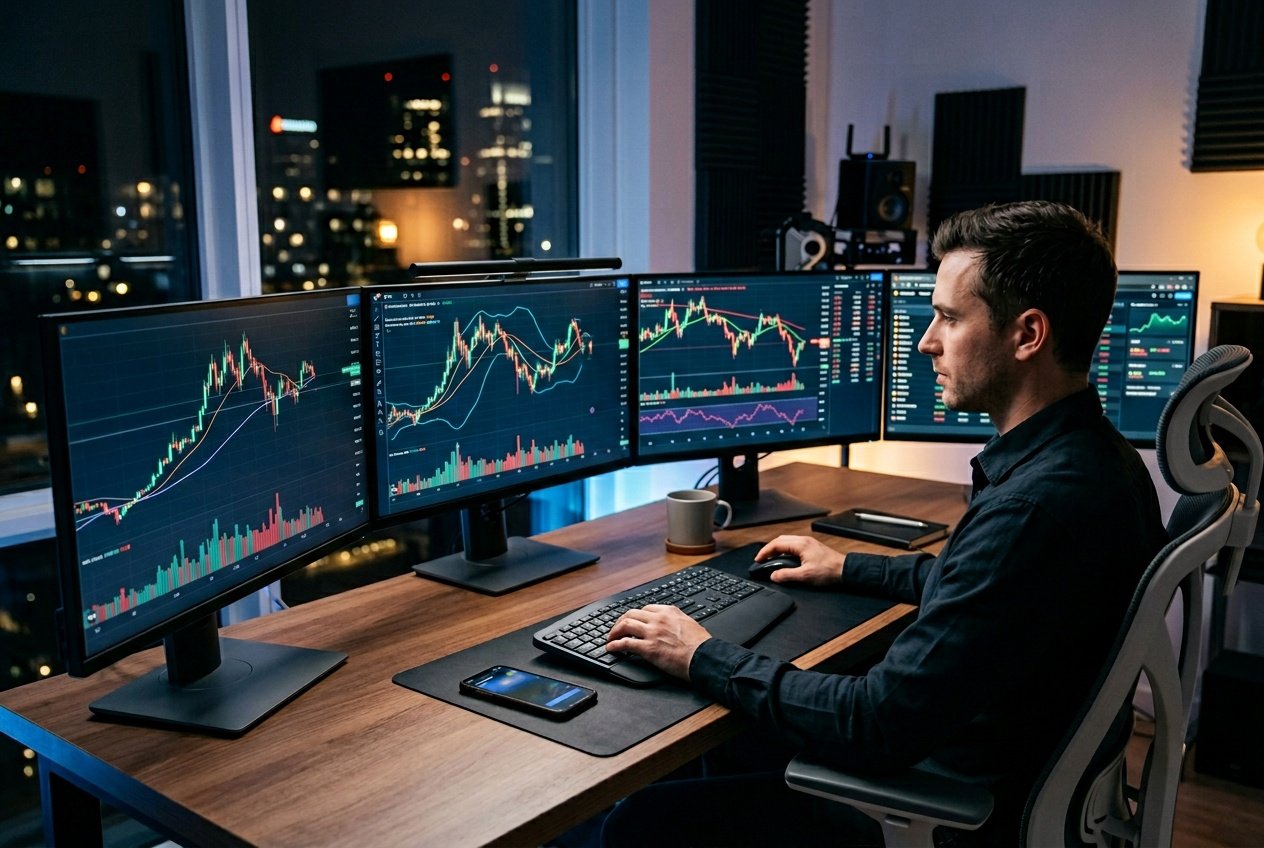 A workspace with multiple monitors displaying cryptocurrency trading charts and data, with a keyboard, mouse, and smartphone on the desk.