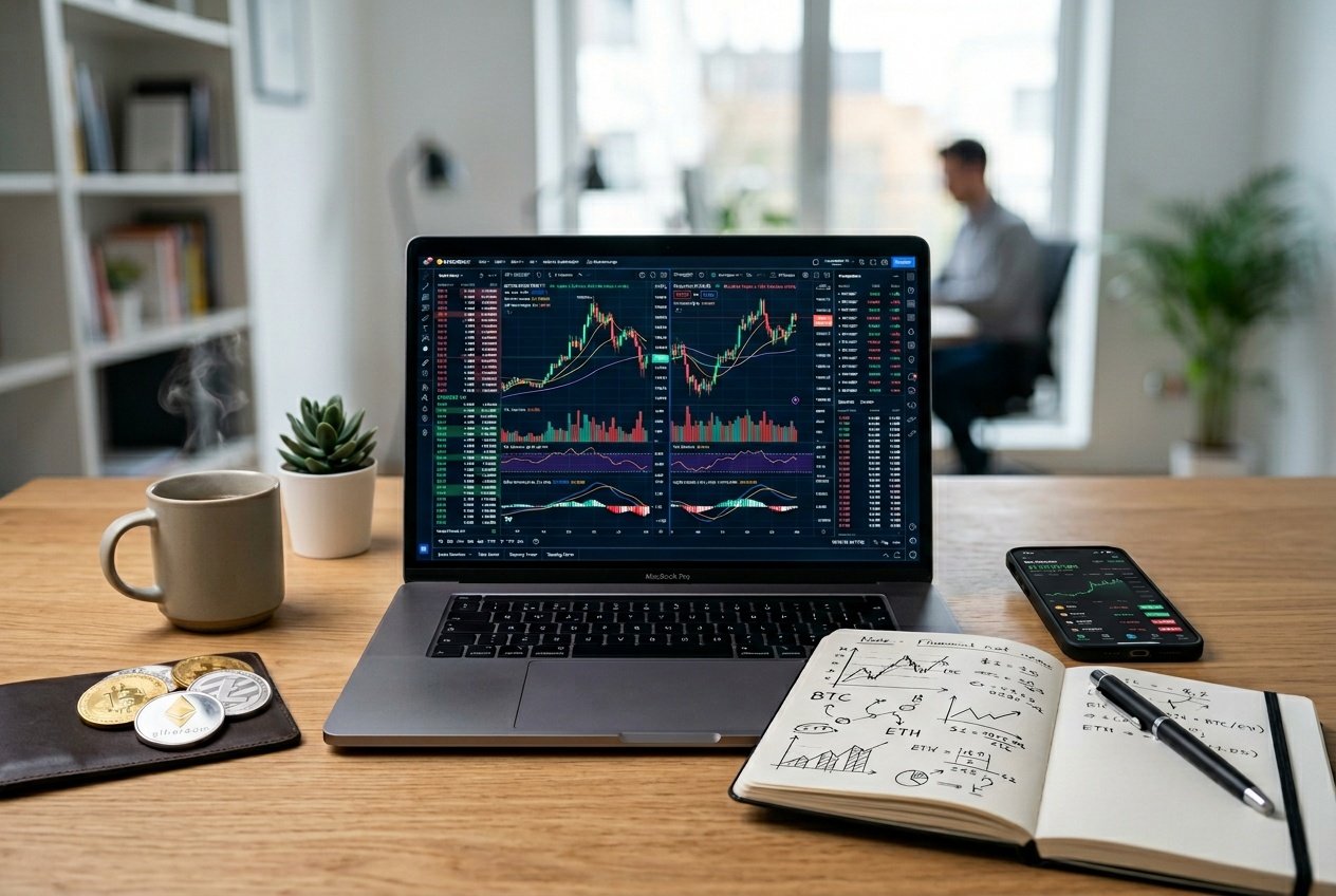 A modern workspace with a laptop showing cryptocurrency charts, physical Bitcoin coins, a smartphone, and a notepad on a clean desk.