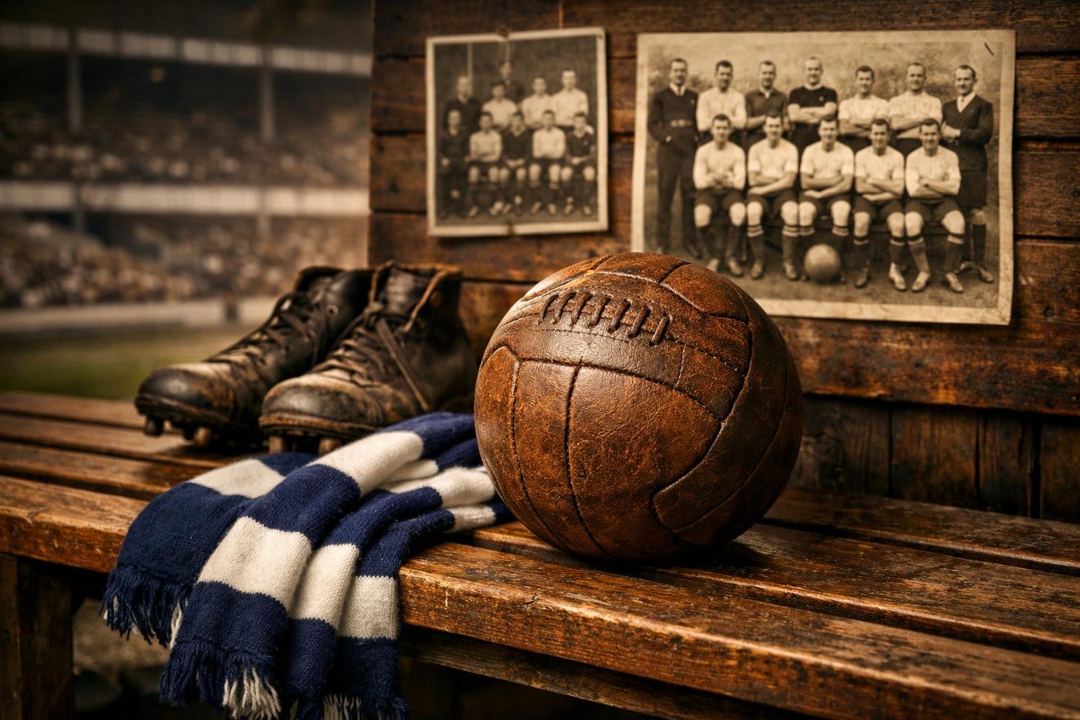 Perlengkapan sepak bola vintage di bangku kayu dengan latar belakang foto hitam putih tim Tottenham Hotspur lama di stadion.