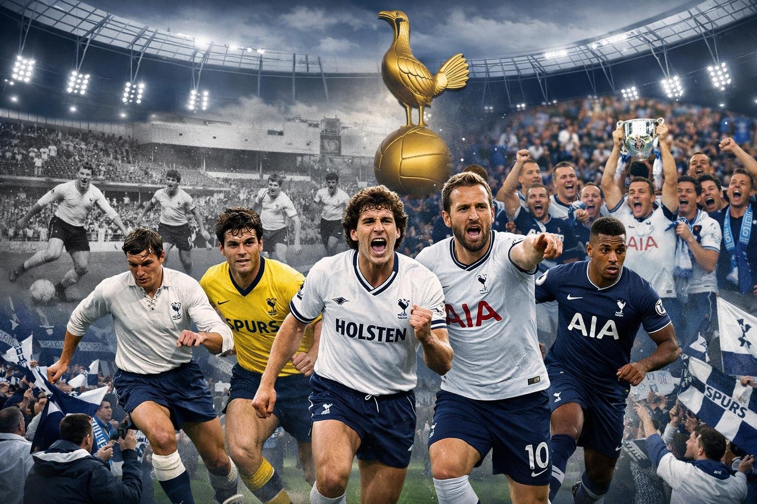 Suasana stadion sepakbola Tottenham Hotspur dengan pemain dari berbagai era dan pendukung yang merayakan sejarah dan perkembangan klub.