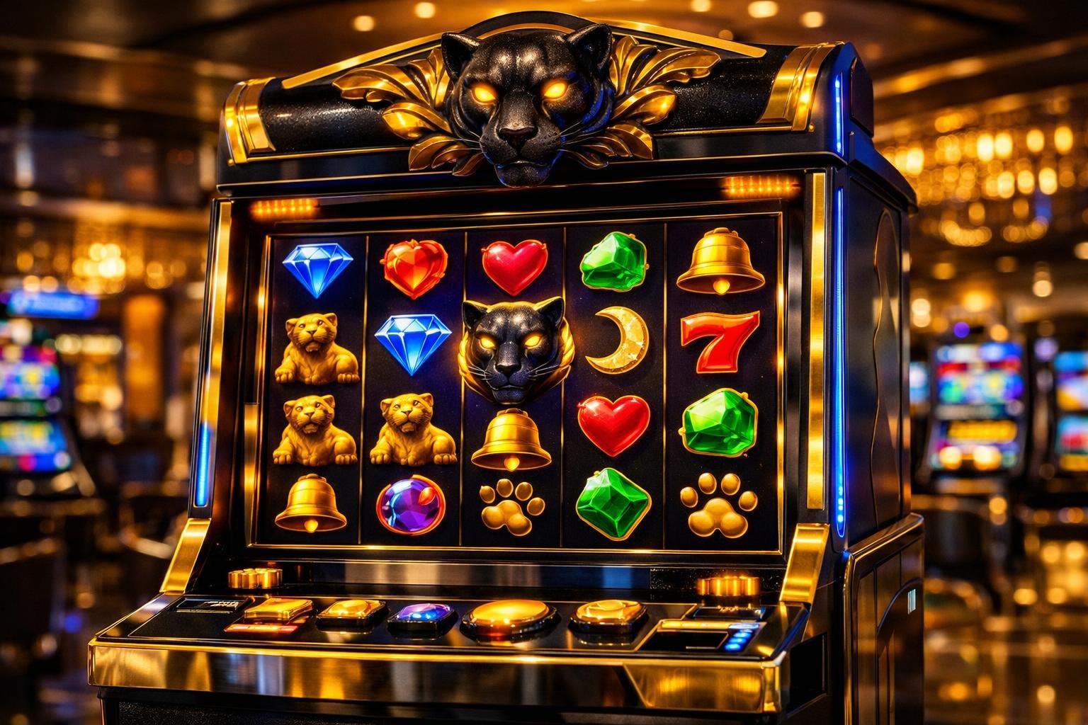 Mesin slot modern dengan motif macan emas di dalam kasino mewah dengan pencahayaan hangat dan suasana yang mengundang.