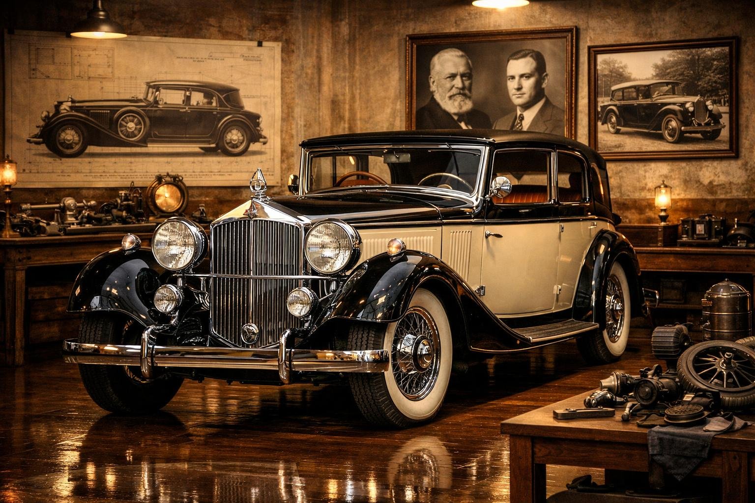 Mobil Maybach klasik dipajang di ruang pamer mewah dengan latar belakang foto dan sketsa mobil tua.