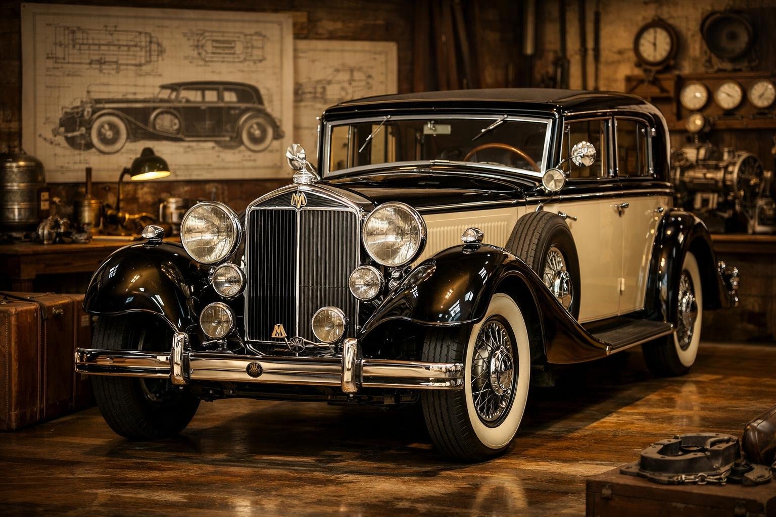 Mobil Maybach klasik yang dipajang di ruang bergaya vintage dengan latar belakang alat dan cetak biru otomotif kuno.