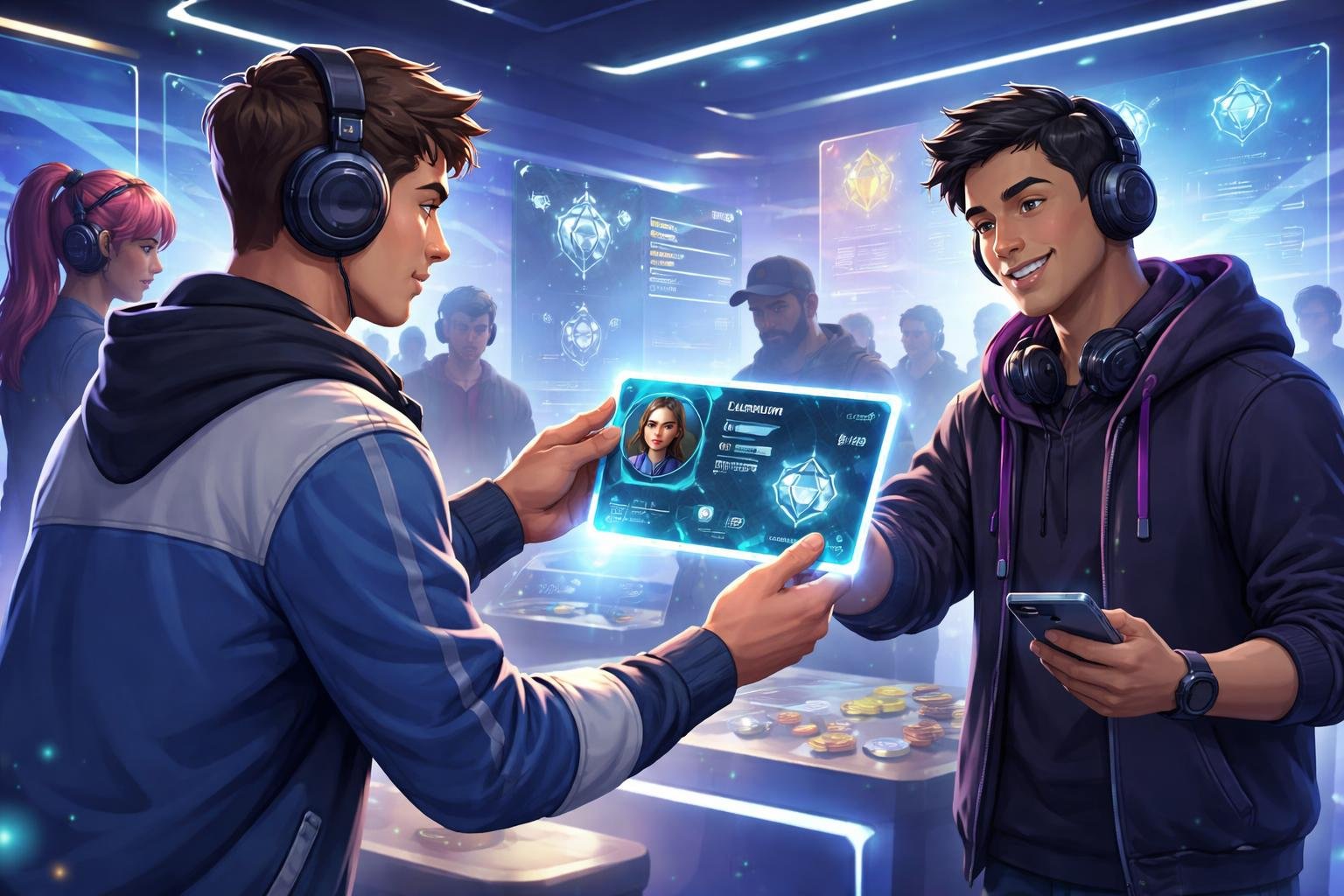Two gamers exchanging a glowing game account card in a futuristic digital marketplace with holographic leaderboards in the background.