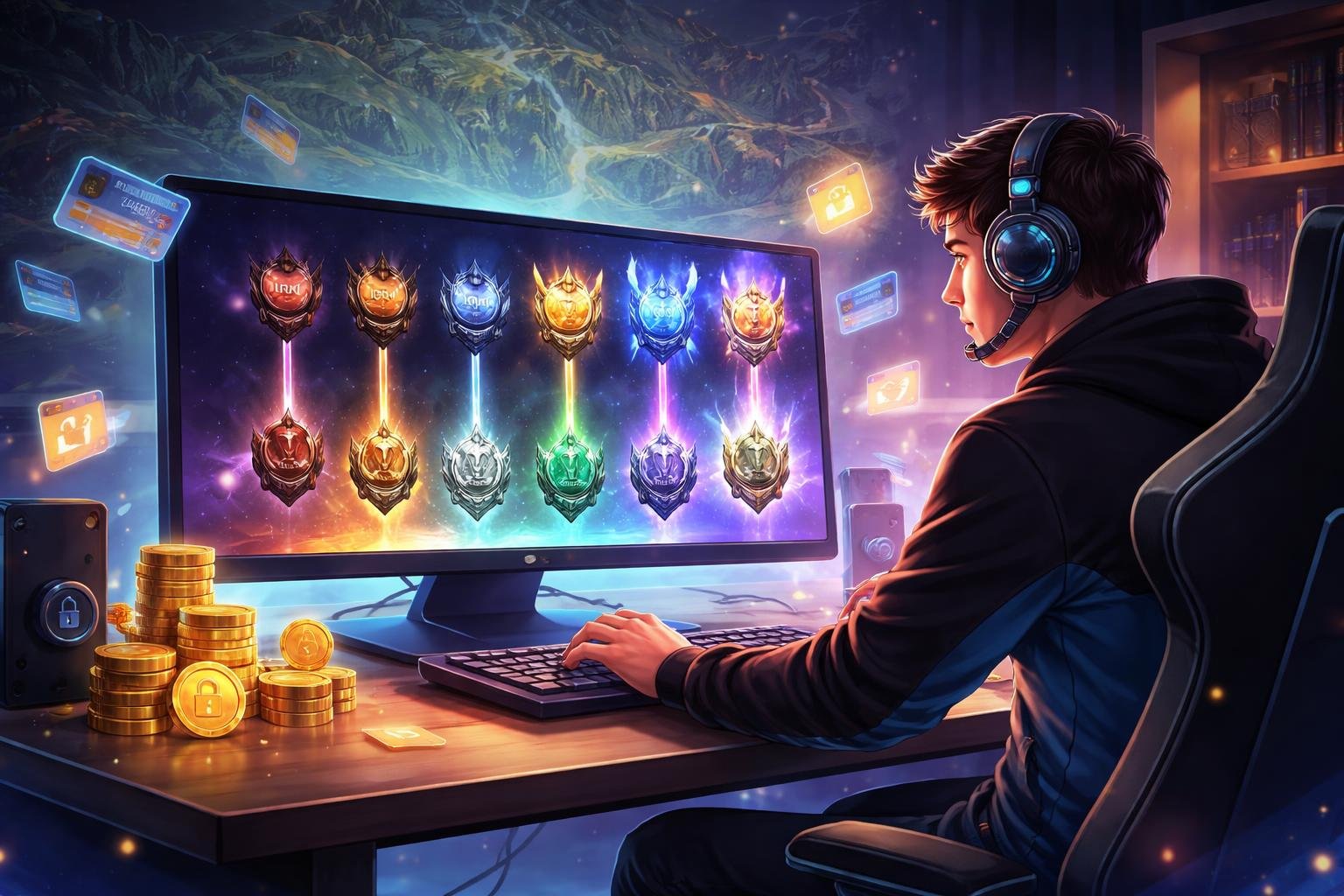 A gamer focused on a computer screen showing a ranked leaderboard with various rank icons, surrounded by digital symbols representing transactions, with a faint map of a game battleground in the background.