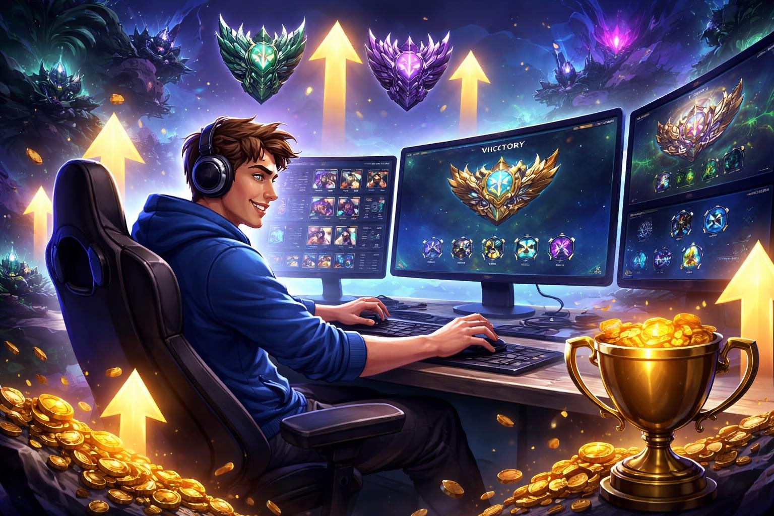 A gamer at a computer surrounded by ranked badges, upward arrows, and trophies with elements from League of Legends in the background.