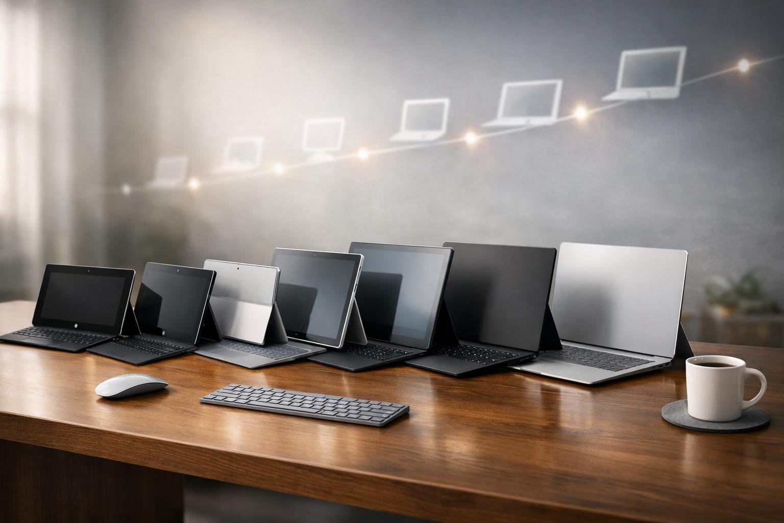 Beberapa generasi laptop Microsoft Surface tersusun rapi di atas meja kayu di ruang kerja modern.