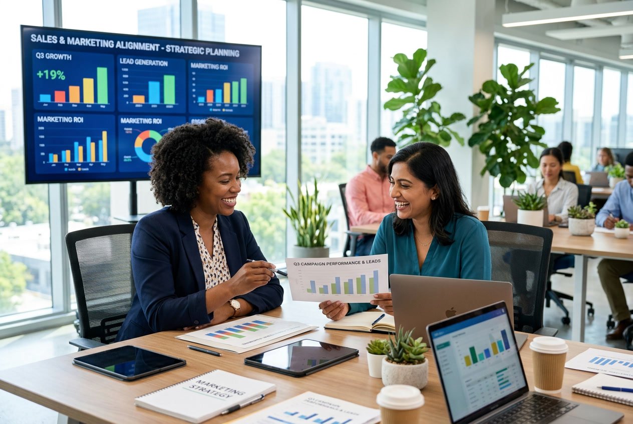 Dwie osoby w biurze współpracują przy stole z laptopami i dokumentami, rozmawiając i uśmiechając się, w tle widać ekran z wykresami.